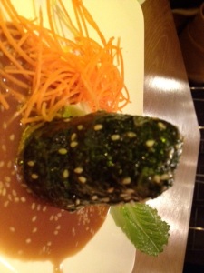 Spinach phallus or “cock” in sushi restaurant. (image rotated 90 degrees)
